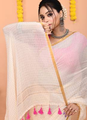 off white cotton blend zari check handloom saree with running blouse piece  4