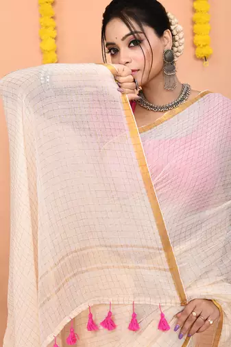 off white cotton blend zari check handloom saree with running blouse piece 
