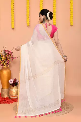 off white cotton blend zari check handloom saree with running blouse piece 