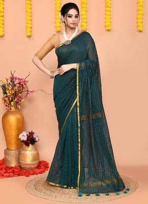 teal cotton blend zari check handloom saree with running blouse piece  1