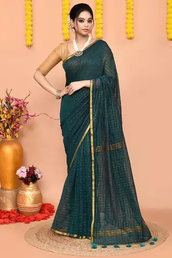 teal cotton blend zari check handloom saree with running blouse piece 