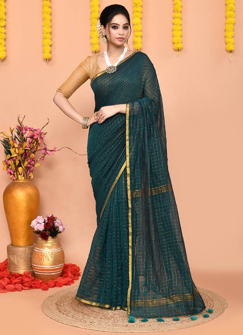 teal cotton blend zari check handloom saree with running blouse piece 