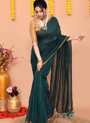 teal cotton blend zari check handloom saree with running blouse piece  2