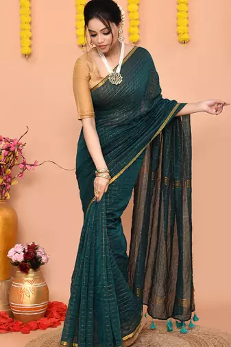 teal cotton blend zari check handloom saree with running blouse piece 