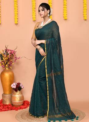 teal cotton blend zari check handloom saree with running blouse piece  3