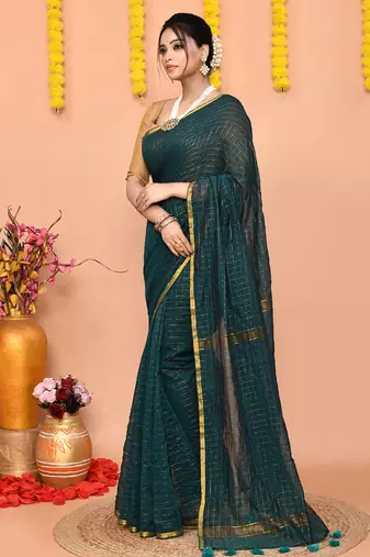 teal cotton blend zari check handloom saree with running blouse piece 