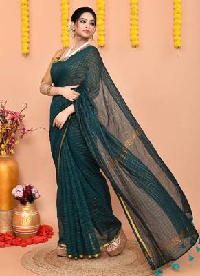teal cotton blend zari check handloom saree with running blouse piece  4