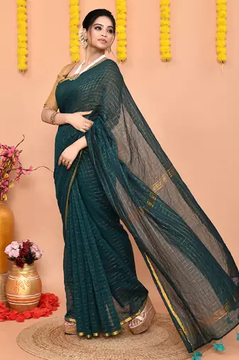 teal cotton blend zari check handloom saree with running blouse piece 