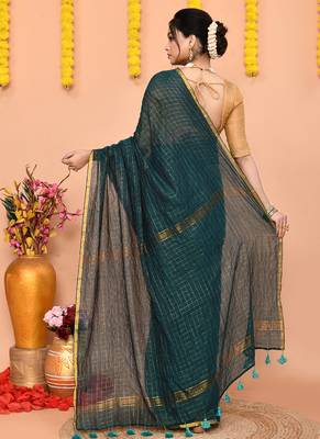 teal cotton blend zari check handloom saree with running blouse piece  5