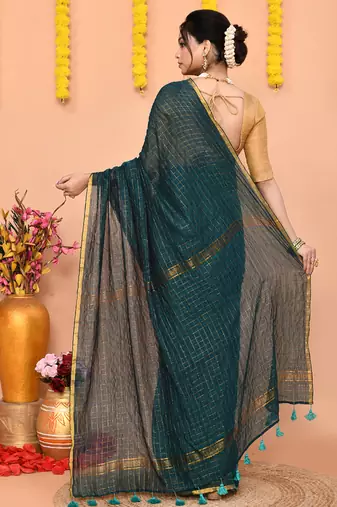 teal cotton blend zari check handloom saree with running blouse piece 