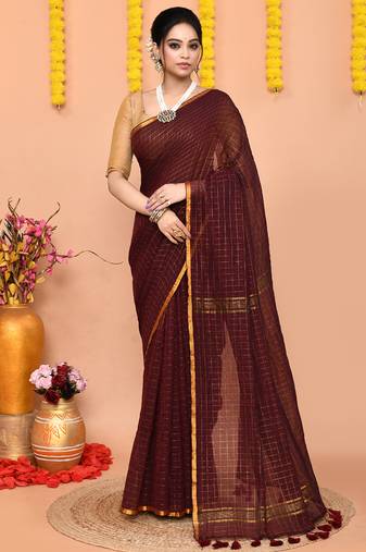 maroon cotton blend zari check handloom saree with running blouse piece 