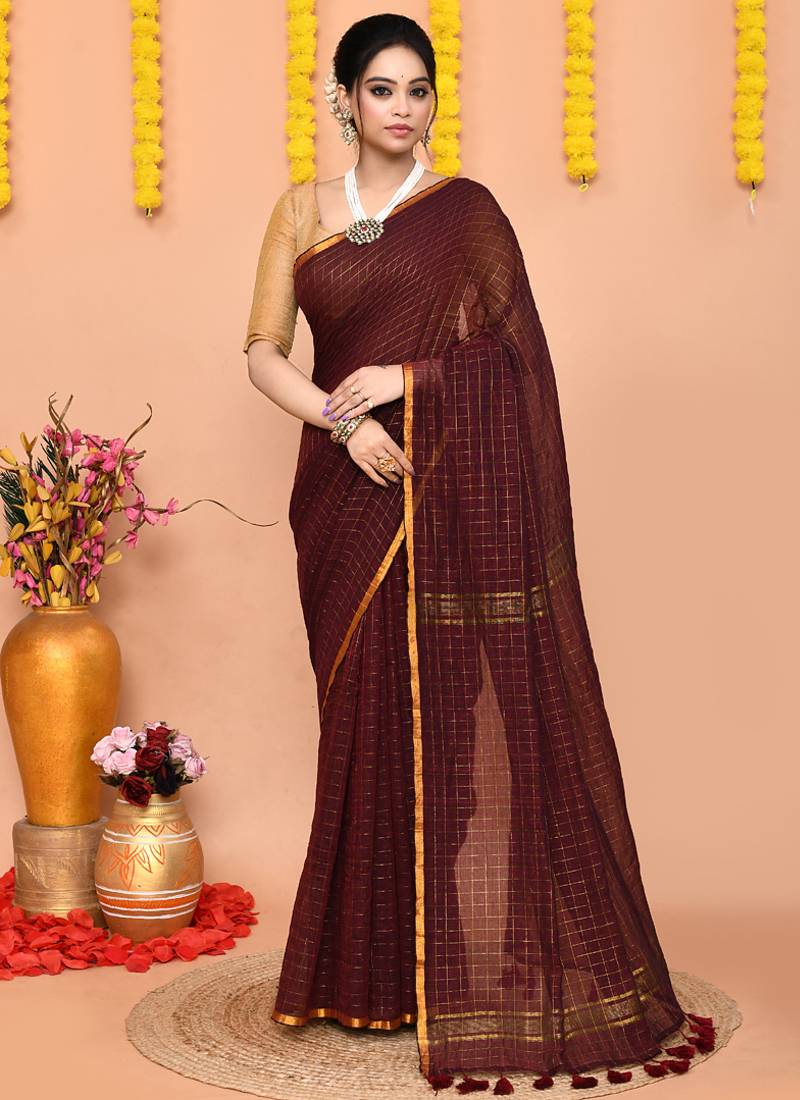 maroon cotton blend zari check handloom saree with running blouse piece 