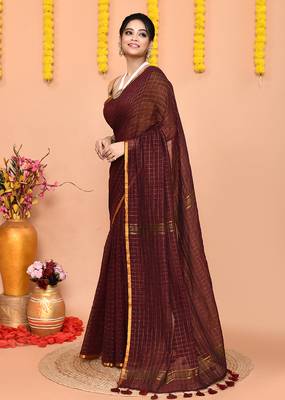 maroon cotton blend zari check handloom saree with running blouse piece  2