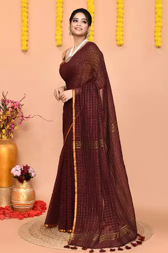 maroon cotton blend zari check handloom saree with running blouse piece 