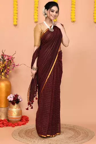 maroon cotton blend zari check handloom saree with running blouse piece 