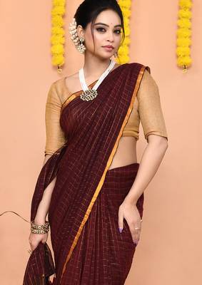 maroon cotton blend zari check handloom saree with running blouse piece  4