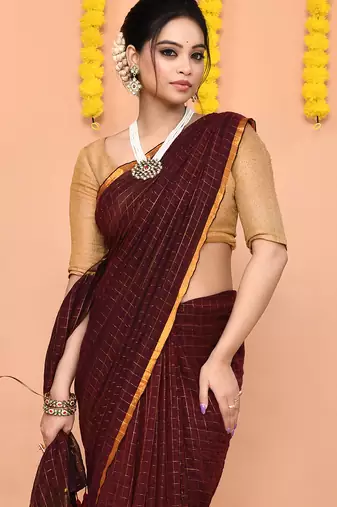maroon cotton blend zari check handloom saree with running blouse piece 