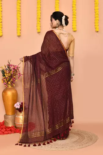 maroon cotton blend zari check handloom saree with running blouse piece 