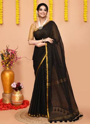 black cotton blend zari check handloom saree with running blouse piece  1