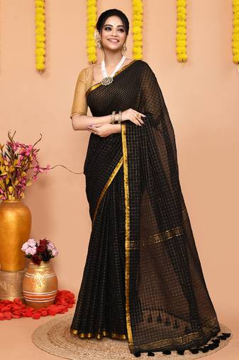 black cotton blend zari check handloom saree with running blouse piece 