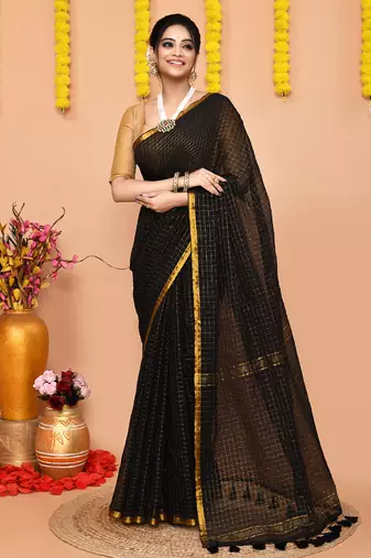 black cotton blend zari check handloom saree with running blouse piece 