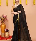 black cotton blend zari check handloom saree with running blouse piece 