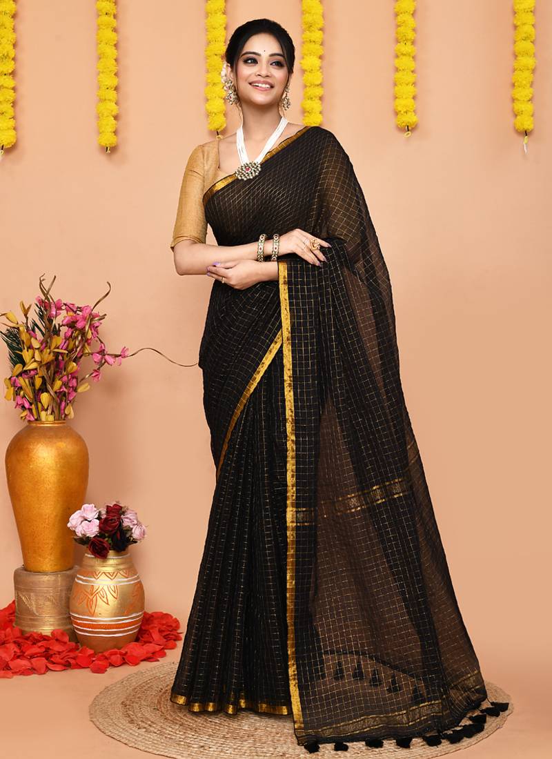 black cotton blend zari check handloom saree with running blouse piece 