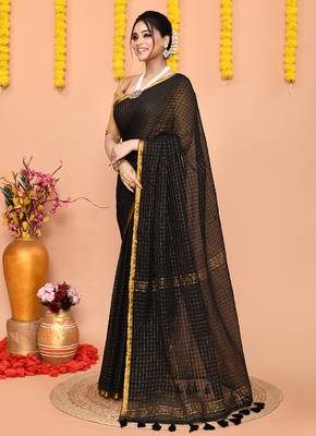 black cotton blend zari check handloom saree with running blouse piece  2