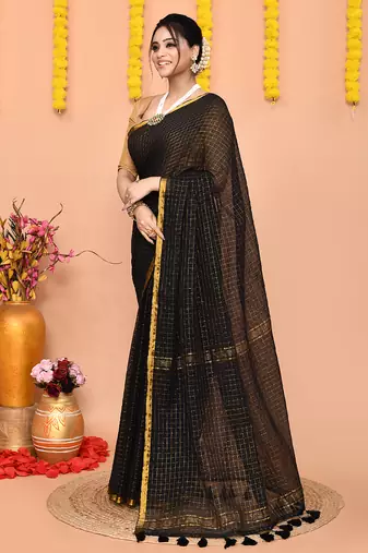 black cotton blend zari check handloom saree with running blouse piece 