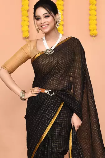 black cotton blend zari check handloom saree with running blouse piece 