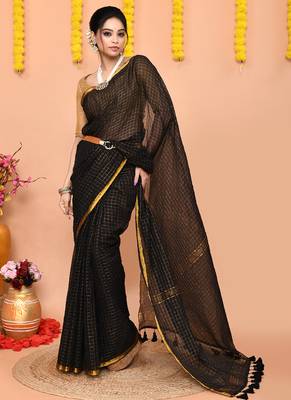 black cotton blend zari check handloom saree with running blouse piece  4