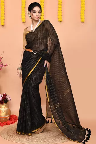 black cotton blend zari check handloom saree with running blouse piece 