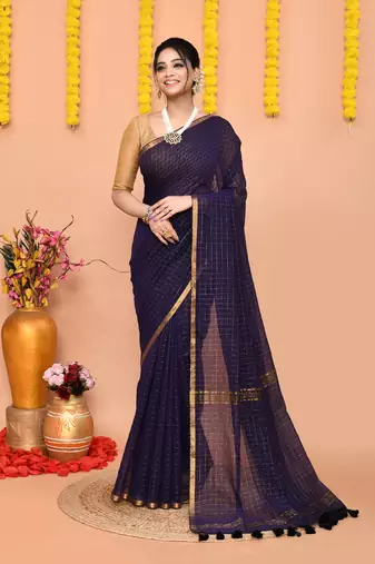 navy blue cotton blend zari check handloom saree with running blouse piece 