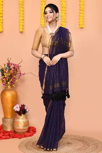 navy blue cotton blend zari check handloom saree with running blouse piece 