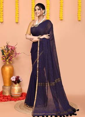 navy blue cotton blend zari check handloom saree with running blouse piece  3