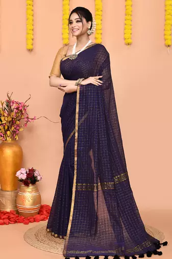 navy blue cotton blend zari check handloom saree with running blouse piece 