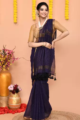 navy blue cotton blend zari check handloom saree with running blouse piece 