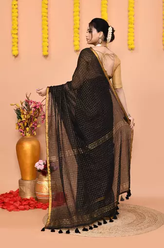 navy blue cotton blend zari check handloom saree with running blouse piece 