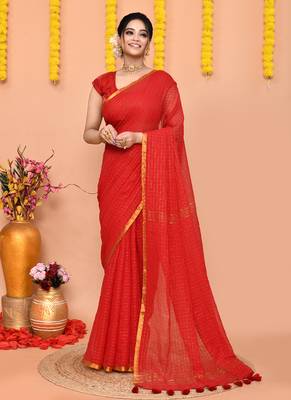 red cotton blend zari check handloom saree with running blouse piece  1