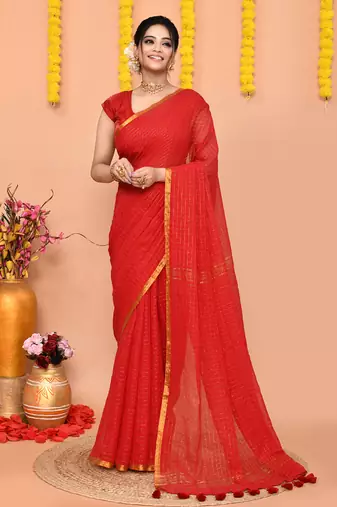 women's red cotton blend zari check handloom saree with blouse