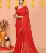 red cotton blend zari check handloom saree with running blouse piece 