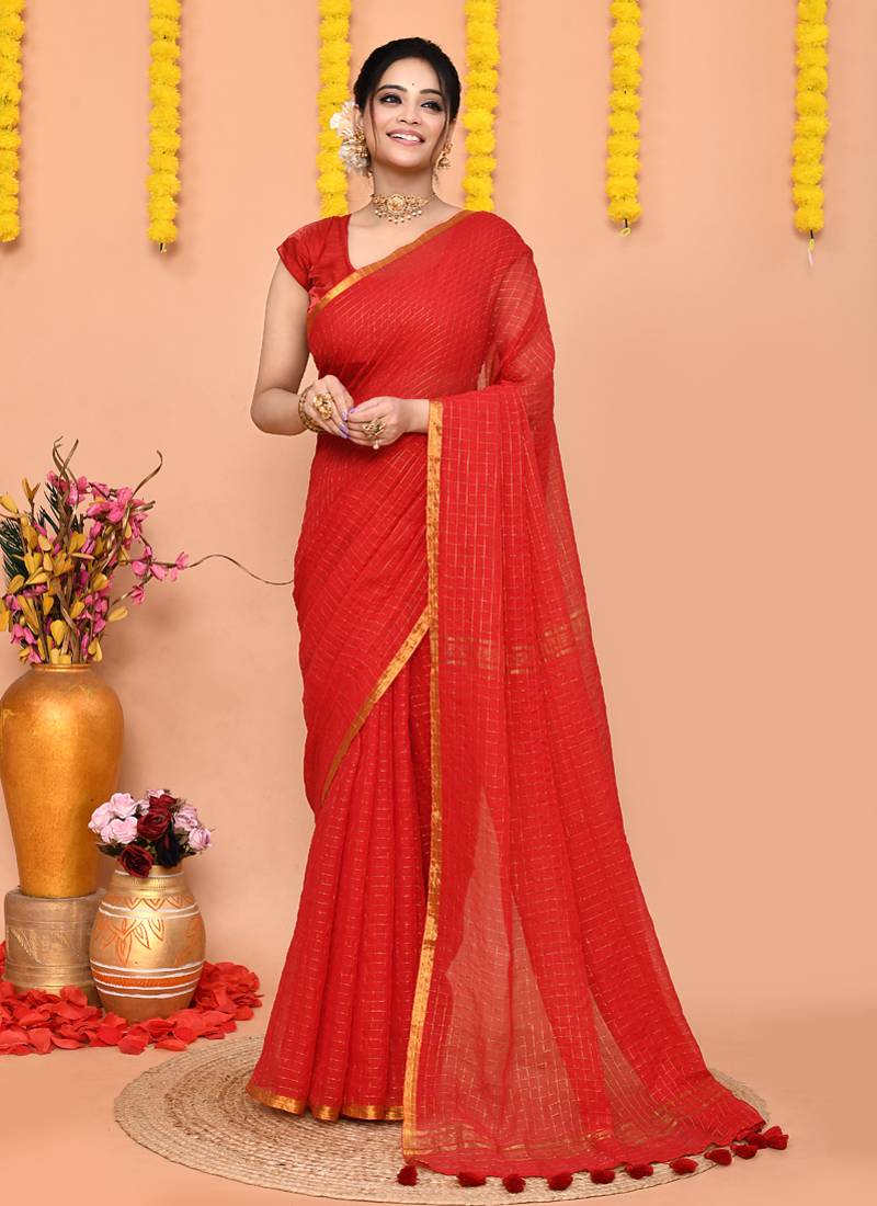 red cotton blend zari check handloom saree with running blouse piece 
