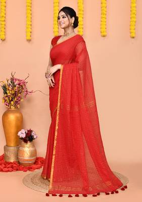 red cotton blend zari check handloom saree with running blouse piece  2
