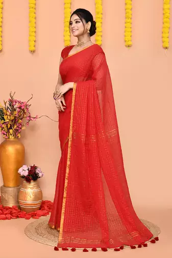 women's red cotton blend zari check handloom saree with blouse