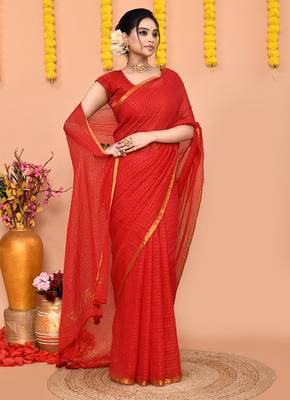red cotton blend zari check handloom saree with running blouse piece  3
