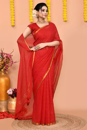 women's red cotton blend zari check handloom saree with blouse