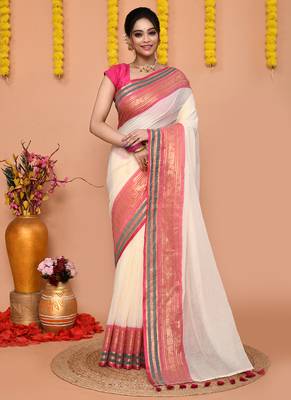 off white cotton blend handloom saree with running blouse piece  1