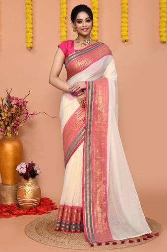 off white cotton blend handloom saree with running blouse piece 