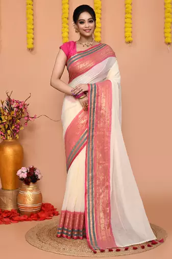 off white cotton blend handloom saree with running blouse piece 