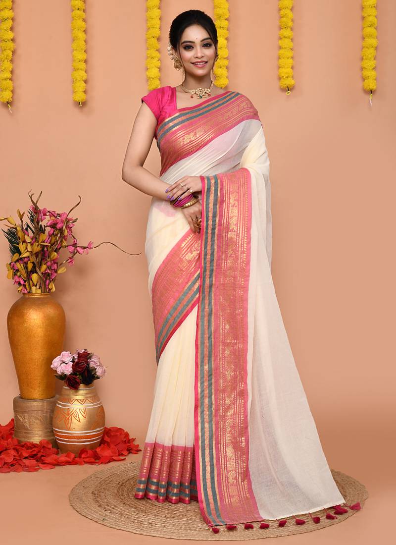 off white cotton blend handloom saree with running blouse piece 